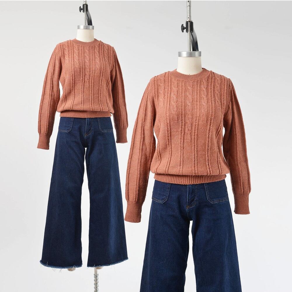 Vintage 70s Terracotta Brown Sweater Retro Cable Knit Crewneck Pullover XS S